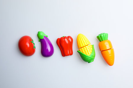 Vegetables made of plasticine on a white background, top viewの写真素材