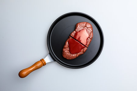 Human heart in a frying pan on a white background, top viewの写真素材