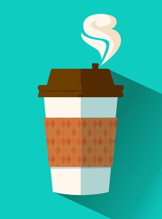 Coffee takeaway cup on cyan background. Steam coming from the cup. All objects are isolatedのイラスト素材