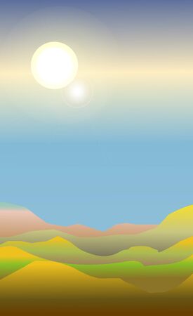 Abstract landscape of a dawn. Green, yellow and blue colors. The sun shining bright above a meadows and hills.のイラスト素材