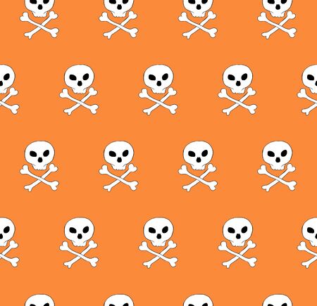 Vector skull and bones crossed seamless pattern. Diagonal tile, phantasy pattern. Orange background.のイラスト素材