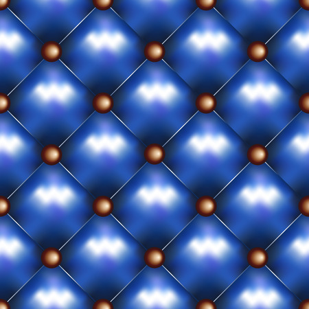 Vector leather seamless background. Blue pinned sofa or couch leather texture. Rhombus pattern and brass buttons decorationのイラスト素材
