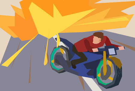 Man escaping an explosion on a motorcycle. Action movie scene. Flat style illustration. Stock vector.のイラスト素材