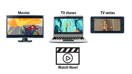Multiplatform streaming service advertisement. Laptop, TV and phone with movies. Vector illustration.のイラスト素材
