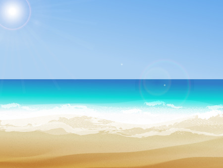 Summer background, vector illustration of the day at the beach t with sea waves, ans sun shining, seaside view with copyspaceのイラスト素材
