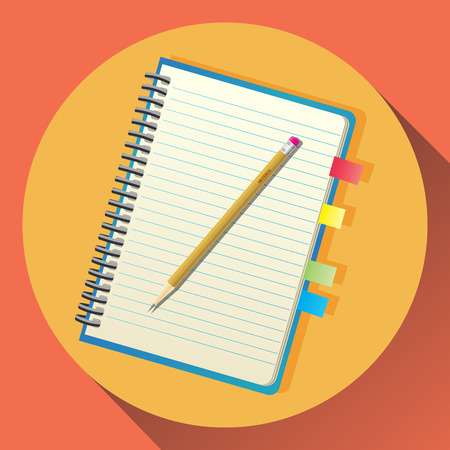 Vector flat icon of notebook with spiral and neon bookmark stickers. Yellow pencil is laying on top.のイラスト素材
