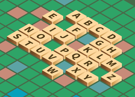 Vector isometric word puzzling game. Alphabet on wooden tiles in isometric projection. Game board backgroundのイラスト素材