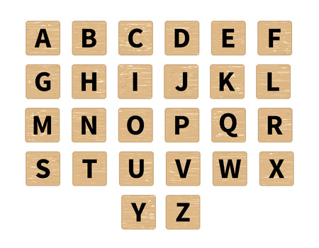 Vector word puzzling game. Alphabet on wooden tiles, front view. Black symbols on textured wood backgroundのイラスト素材