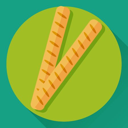 Vector flat carton icon of two French baguettes. Long bread loaves with diagonal slashes.のイラスト素材