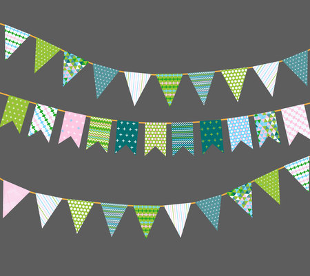 Different colorful bunting for decoration of invitations, greeting cards etc, bunting flags with colorful patternsのイラスト素材