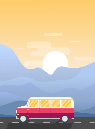 Vector road trip illustration. Modern flat design banner. Travelling van on the road surrounded by mountains and the sun setting down.のイラスト素材