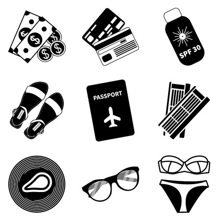 Modern flat icons vector collection. Traveling, tourism and summer vacation theme. 9 objects in monochrome colors.のイラスト素材