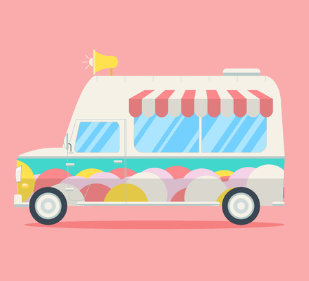 Vector Ice cream van. Side view of a commercial truck decorated by ice cream balls, stripy roof and music chimes. Modern flat style illustrationのイラスト素材