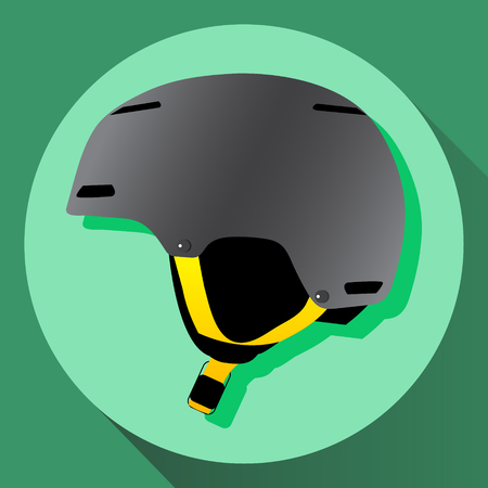 Vector grey ski and snowboarding protective helmet with yellow straps. Isolated icon.のイラスト素材