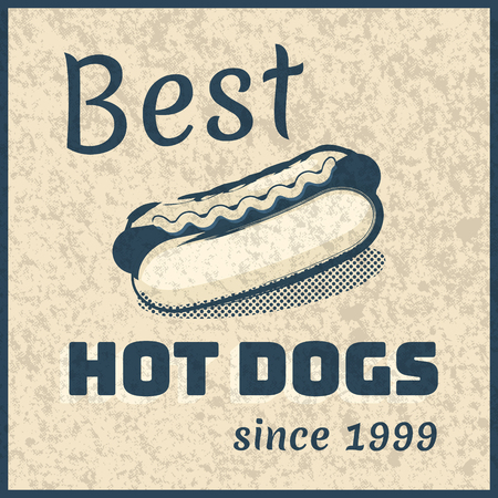 Vector poster for hot dogs advertisement. Monochrome retro style illustration with overlay grunge textureのイラスト素材