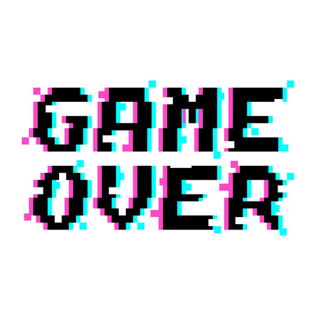Vector game over phrase in pixel art style with glitch VHS effect. Three color half-shifted letters. Ocassional pixels around.のイラスト素材