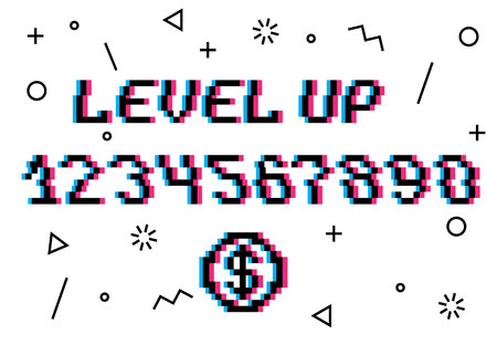Vector level up pixel 8-bit style phrase with numbers from 0 to 9. Pixel coin - concept of money. White background. Memphis style pattern decorのイラスト素材