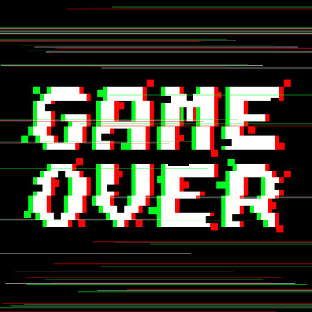 Vector game over phrase in pixel art style with glitch VHS effect. Three color half-shifted letters. Ocassional pixels and colored glitch lines aroundのイラスト素材