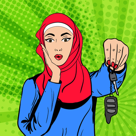 Vector pop art comic retro style illustration of muslim beautiful woman in hijab with happily surprised expression holding car keys. Concept of allowance for saudi women to driveのイラスト素材