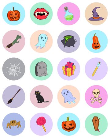 Vector colored doodle style Halloween stickers on colored circle backgroundsの写真素材