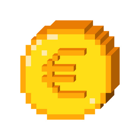 Vector 8 bit pixel art 3D euro icon. Color concept of euro currency. のイラスト素材