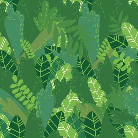 Vector cartoon style seamless pattern of exotic tropical green leaves and bushes.のイラスト素材