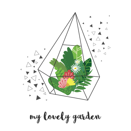 Vector black geometric florarium vase with different plants and flowers surrounded by black triangles. My lovely garden phrase. Gardening concept. Isolated on whiteのイラスト素材