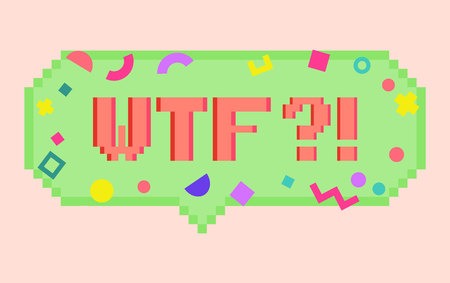 Vector pixel art 8bit wtf sticker. Pixel dialog cloud and font with modern geometric decor. Creative conversation chat, messenger and social network sticker.のイラスト素材