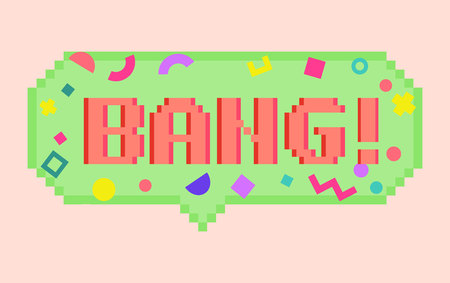 Vector pixel art 8bit bang sticker. Pixel dialog cloud and font with modern geometric decor. Creative conversation chat, messenger and social network sticker.のイラスト素材