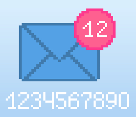 Vector pixel 8 bit blue e-mail notification with pink circle and digits. 0-9 digits set. Social networks notification icon.のイラスト素材