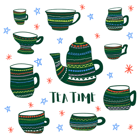 Vector colored poster of decorated tea cups and kettle and stylized tea time phrase. Hand made illustration for advertisement, web, cafe, prints, cards and invitations.のイラスト素材