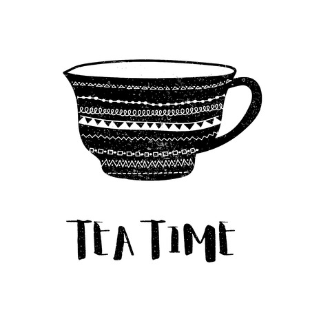 Vector black and white poster of decorated tea cup and stylized tea time phrase. Hand made illustration for advertisement, web, cafe, prints or menus.のイラスト素材