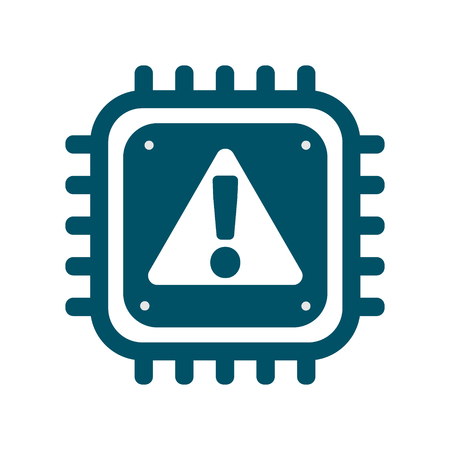 Vector CPU icon with alert sign. Concept of cyber security and Meltdown and Spectre critical vulnerabilities in modern processors. Monochrome flat imageのイラスト素材