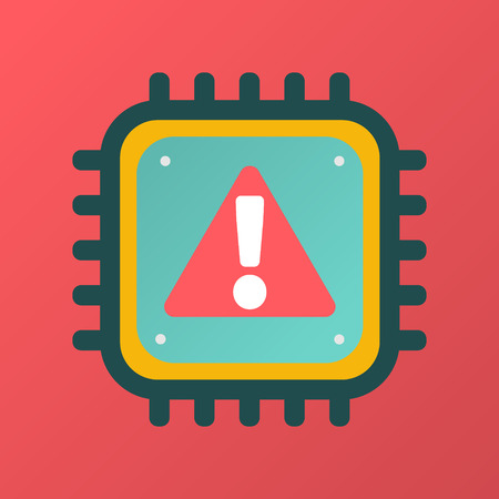 Vector CPU icon with alert sign. Concept of cyber security and Meltdown and Spectre critical vulnerabilities in modern processors. Color flat imageのイラスト素材