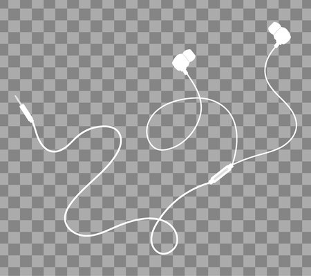 Vector earphones with connector and switch controller. Isolated object on transparent background. Flat lay designのイラスト素材