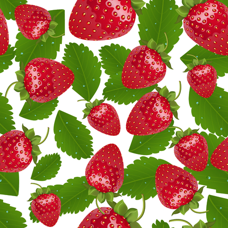 Vector seamless strawberries pattern. Realistic berries with leaves isolated on white background.のイラスト素材