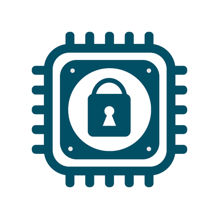 Vector CPU icon with lock sign. Concept of cyber security and Meltdown and Spectre critical vulnerabilities in modern processors. Monochrome flat imageのイラスト素材