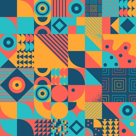 Vintage retro bauhaus design vector seamless pattern. Swiss style colorful 70s geometric composition. Musical posterのイラスト素材