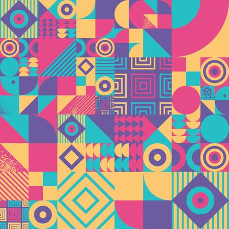 Vintage retro bauhaus design vector seamless pattern. Swiss style colorful 70s geometric composition. Musical posterのイラスト素材