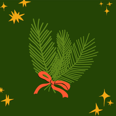Pine tree twigs arrangement with red bow ribbon and stars around. Vector illustration for xmas season greetings designs, cards, illustrations or festive decorationのイラスト素材