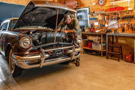 Old american car in the garageのeditorial素材