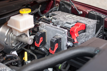 Close-up of the engine of a modern car with a batteryのeditorial素材