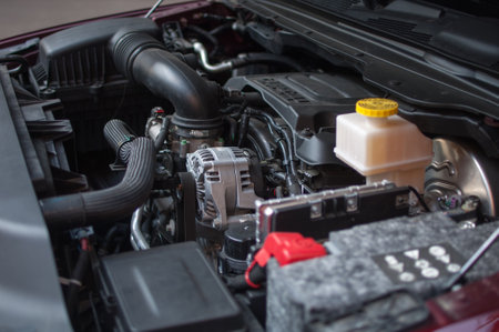 Close up of the engine of a modern car. Selective focus.のeditorial素材