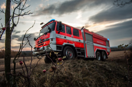 Fire engine in the field at sunset. Firefighters in action.
