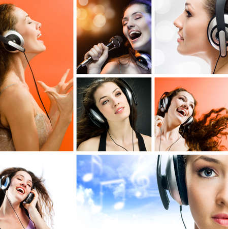 collage. girl singing at the revelry partyの写真素材