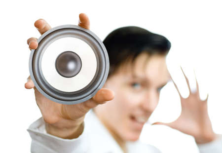 hand holding a speaker on the white backgroundの写真素材