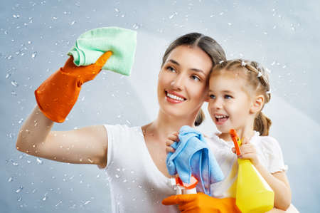 happy family do the cleaningの写真素材