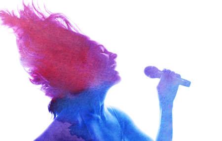 watercolor silhouette of a beautiful girlの写真素材