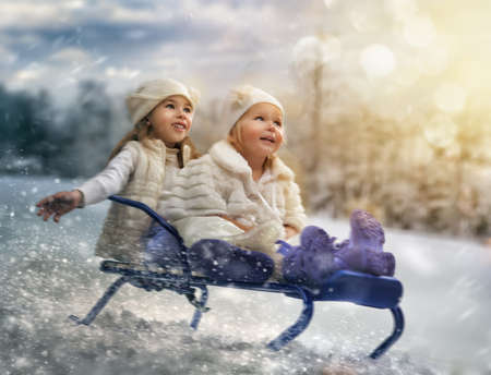 two happy girls on sledの写真素材