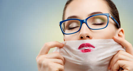 Close up of red female lipsの写真素材